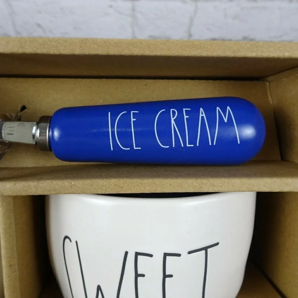 RAE DUNN Tasty And Sweet 3-PC Ice Cream Set 2 Bowls 1 Blue Scoop In Gift Box New